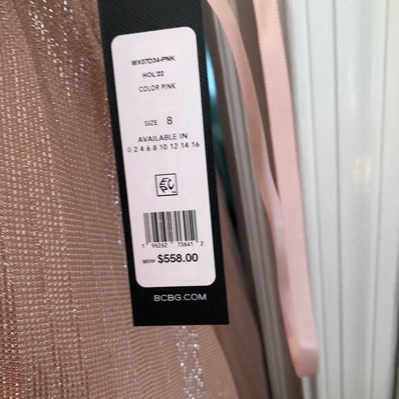 NWT NEW BCBGMaxAzria Pink Pleated Metallic Cross Neck Evening Gown Size 8 - Picture 3 of 3